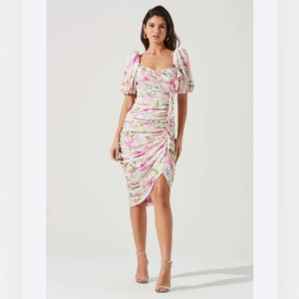 Astr Asymmetrical Floral Dress with Puff Sleeves